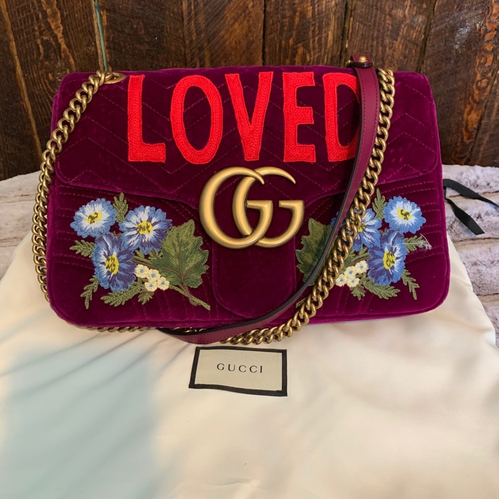 Gucci Marmont GG Matelasse LOVED Velvet Bordeaux Crossbody Handbag Shoulderbag
